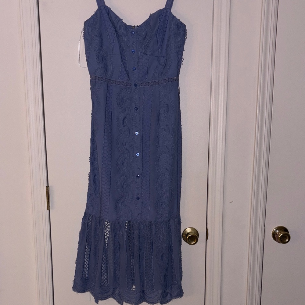Just Me Dusty Blue Lace Midi Dress with Button Front